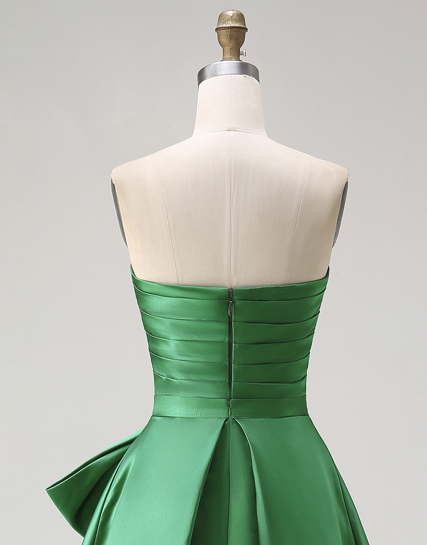 Dark Green Satin Strapless Ruffled Long Prom Dress with Slit