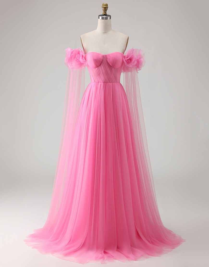 Hot Pink Off the Shoulder Tulle Long Prom Dress with 3D Flowers
