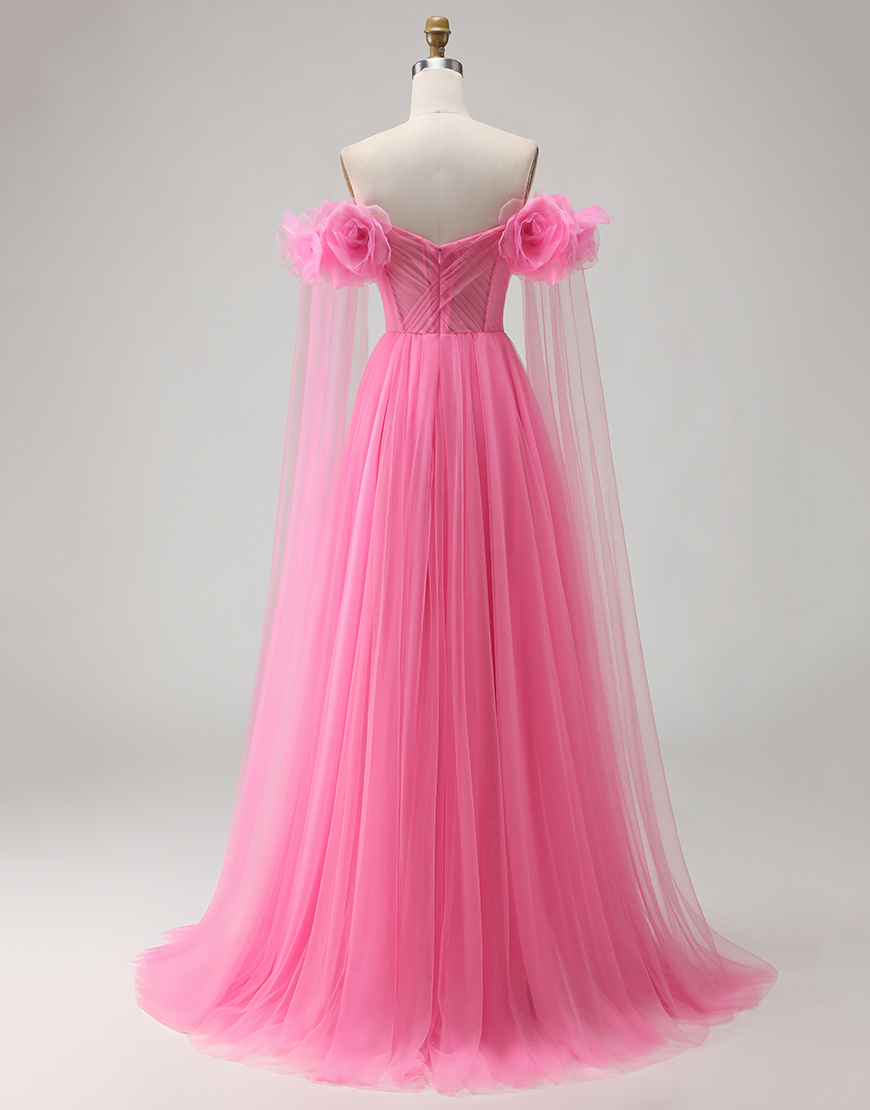 Hot Pink Off the Shoulder Tulle Long Prom Dress with 3D Flowers