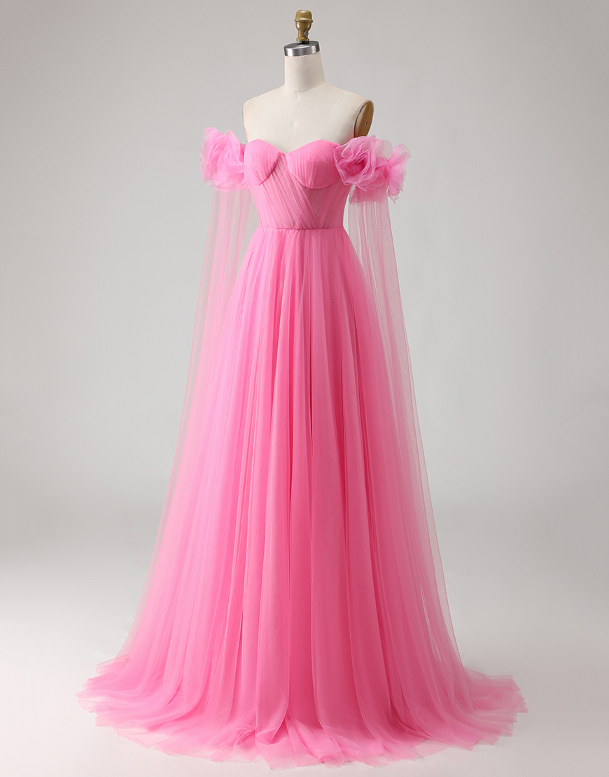 Hot Pink Off the Shoulder Tulle Long Prom Dress with 3D Flowers