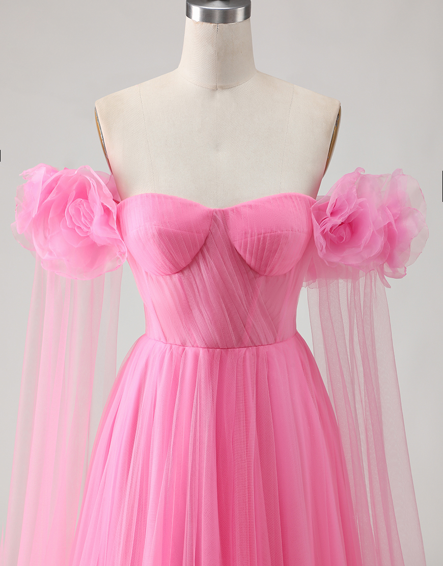 Hot Pink Off the Shoulder Tulle Long Prom Dress with 3D Flowers