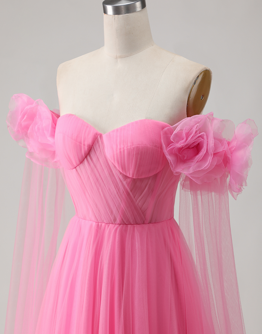 Hot Pink Off the Shoulder Tulle Long Prom Dress with 3D Flowers