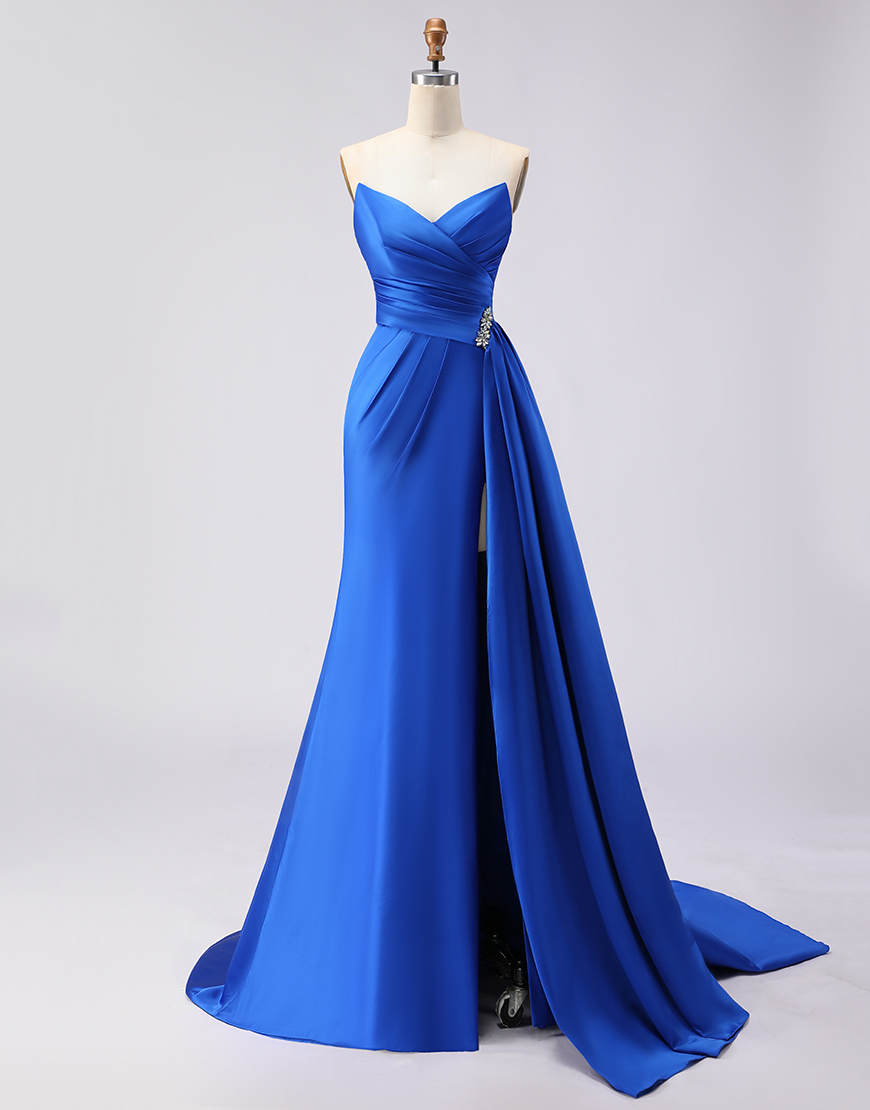Royal Blue Mermaid Strapless Satin Long Prom Dress with Side Cape