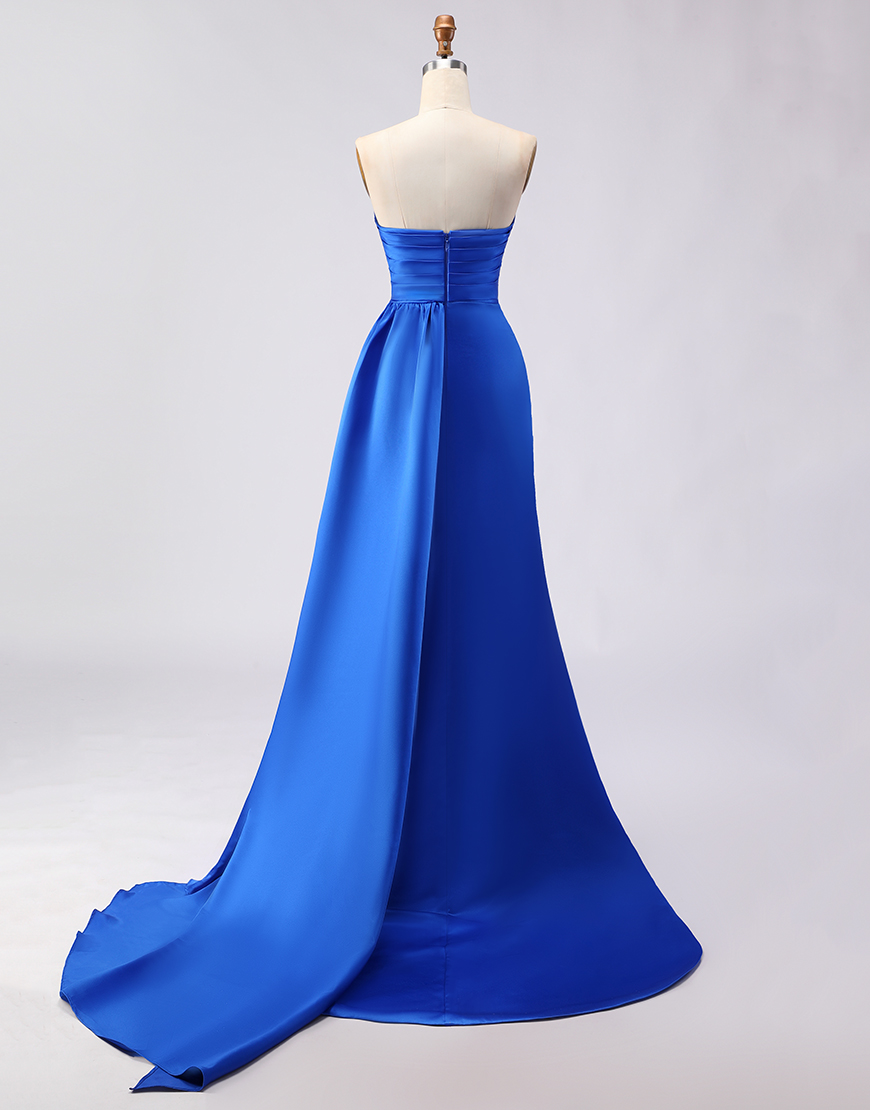Royal Blue Mermaid Strapless Satin Long Prom Dress with Side Cape