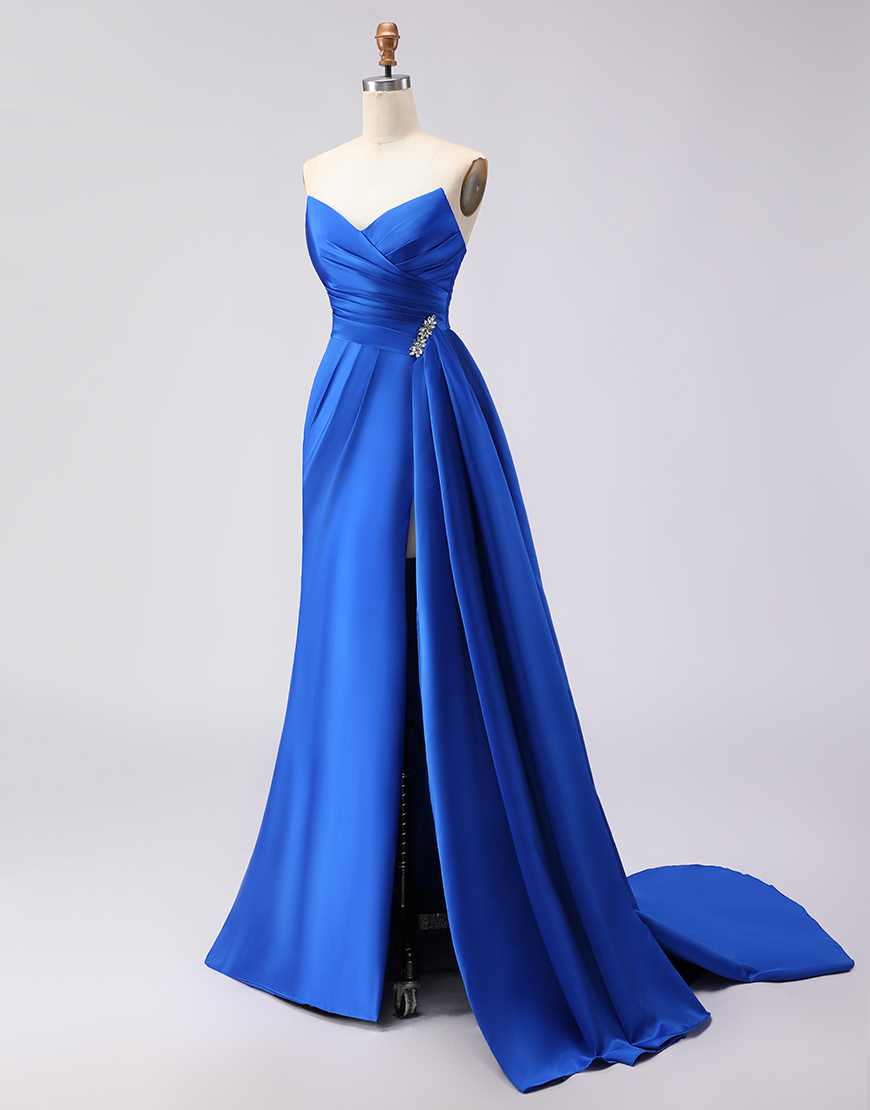 Royal Blue Mermaid Strapless Satin Long Prom Dress with Side Cape