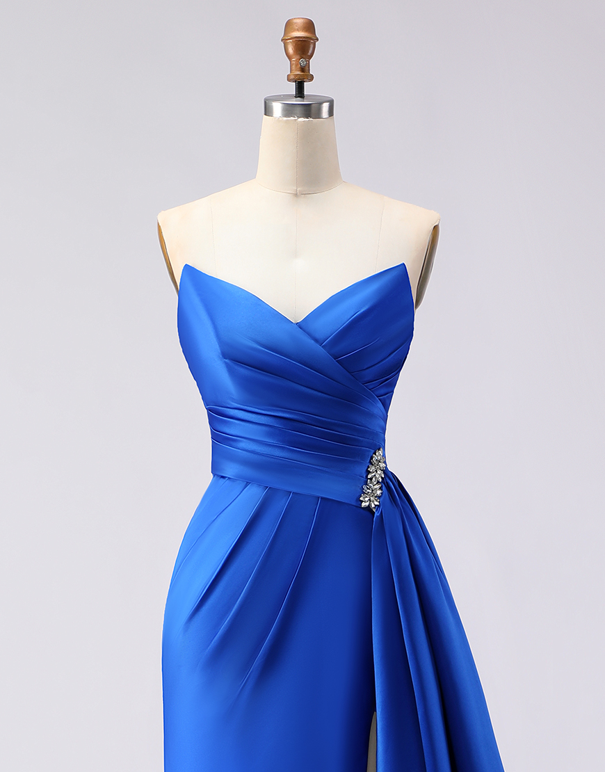 Royal Blue Mermaid Strapless Satin Long Prom Dress with Side Cape