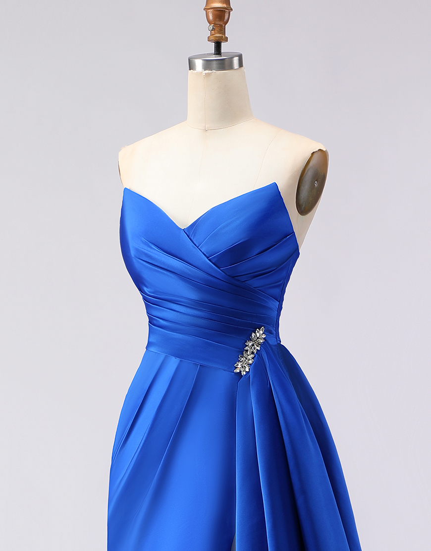 Royal Blue Mermaid Strapless Satin Long Prom Dress with Side Cape