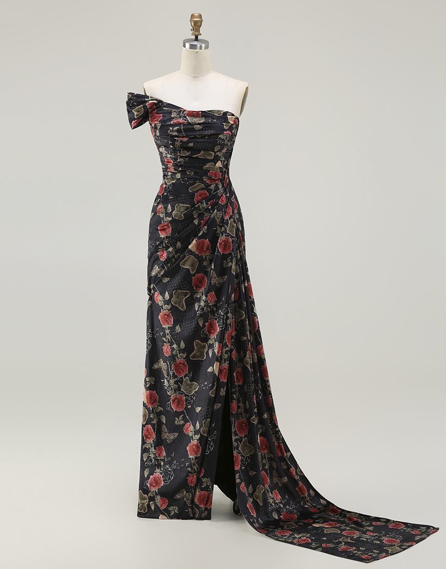 Mermaid Floral Black and Red Long Prom Dress with Slit