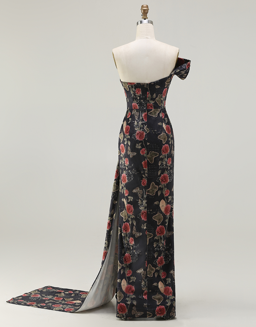 Mermaid Floral Black and Red Long Prom Dress with Slit