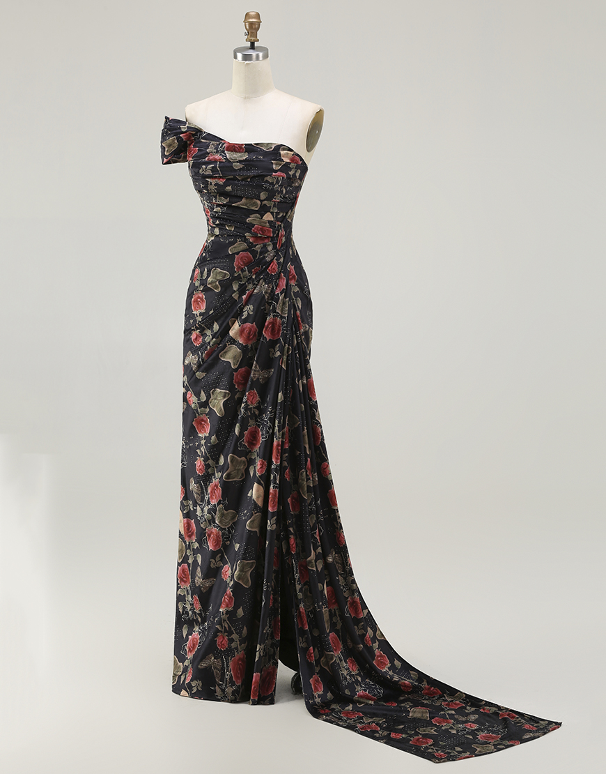 Blush Ruched Floral Mermaid Long Prom Dress with Slit