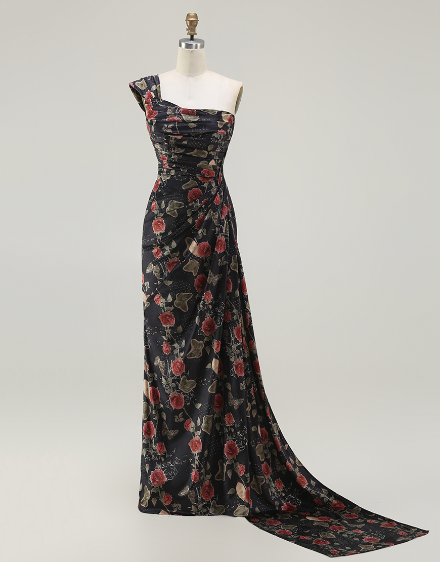 Berlinnova Women Black and Red Floral Long Prom Dress with Slit Mermaid One Shoulder Backless Ruched Formal Dress with Cape