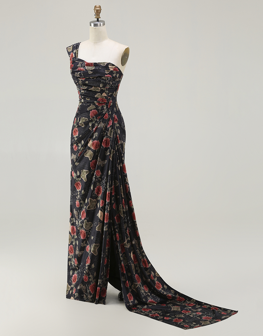 Mermaid Floral Black and Red Long Prom Dress with Slit