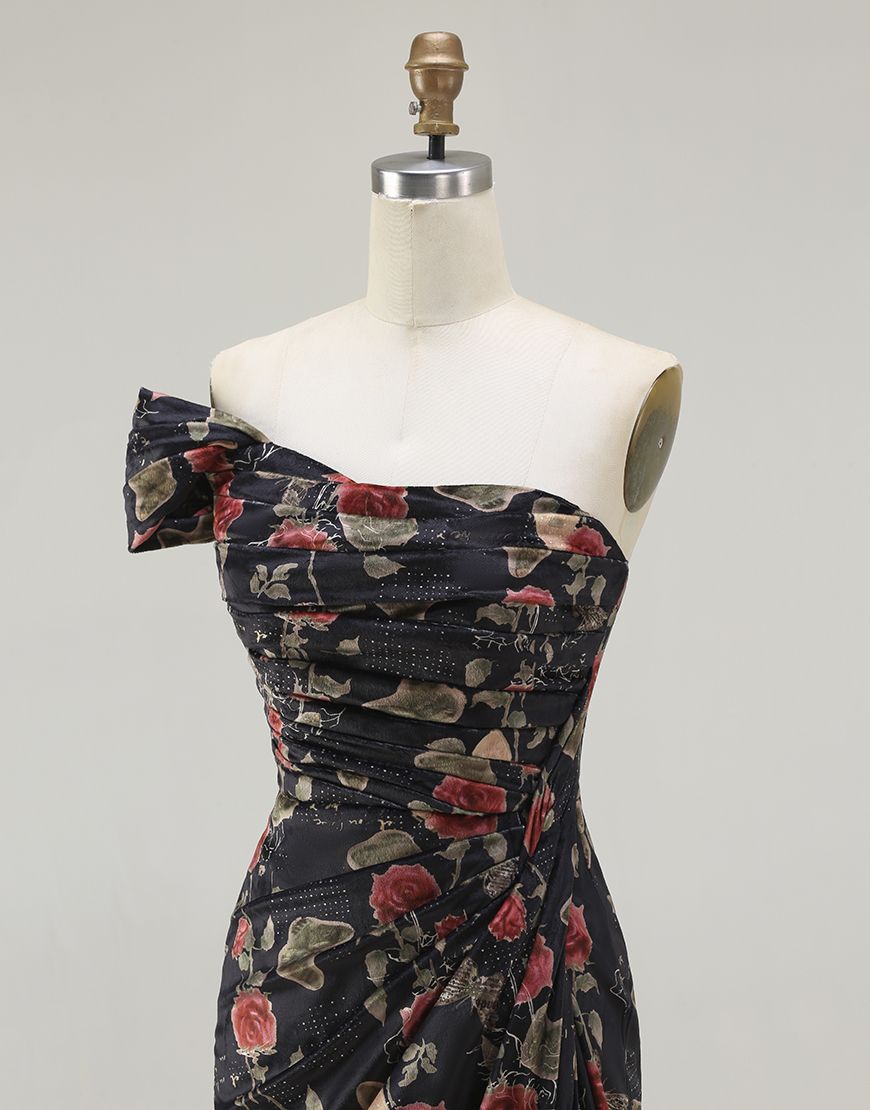 Blush Ruched Floral Mermaid Long Prom Dress with Slit