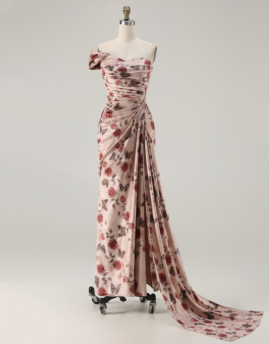 Berlinnova Women Blush Floral Long Prom Dress with Slit Mermaid Ruched One Shoulder Backless Formal Dress with Cape