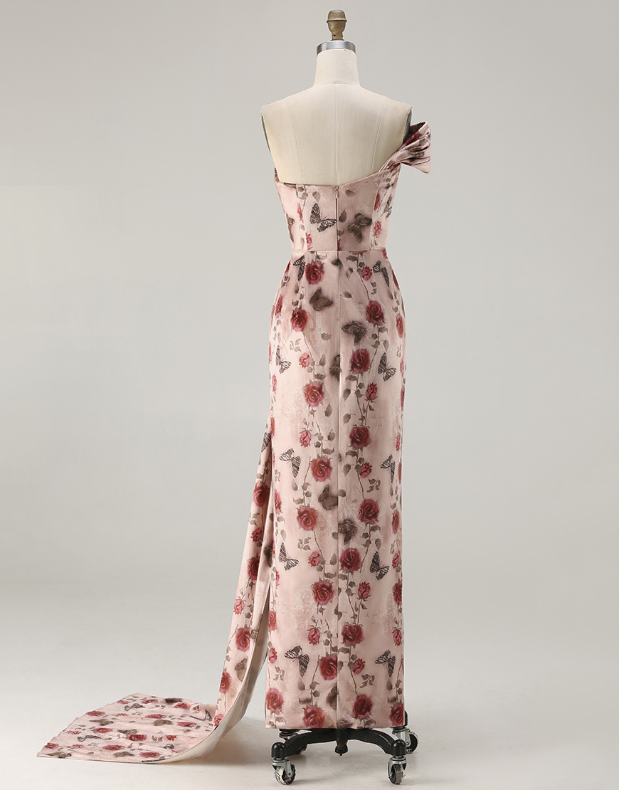 Blush Ruched Floral Mermaid Long Prom Dress with Slit