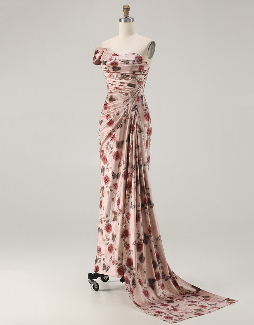 Blush Ruched Floral Mermaid Long Prom Dress with Slit