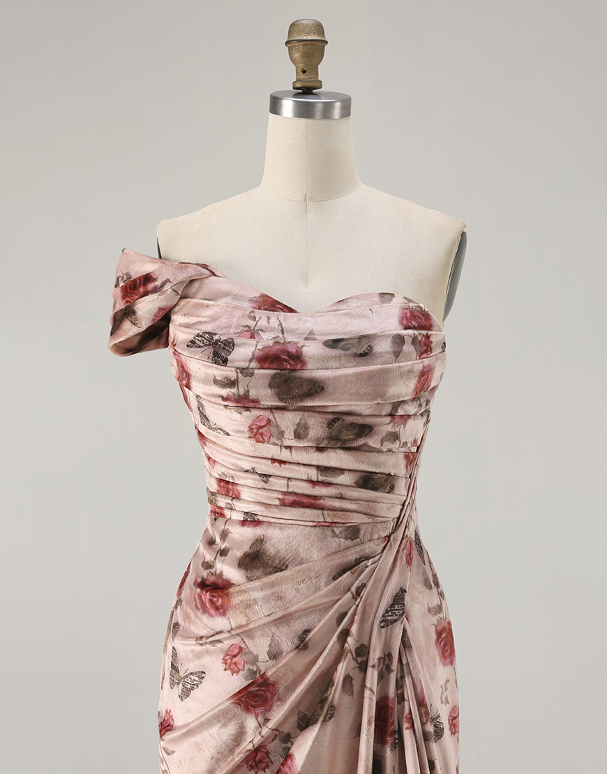 Blush Ruched Floral Mermaid Long Prom Dress with Slit