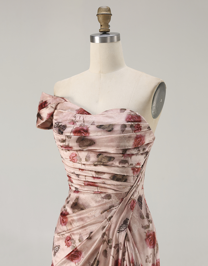 Blush Ruched Floral Mermaid Long Prom Dress with Slit