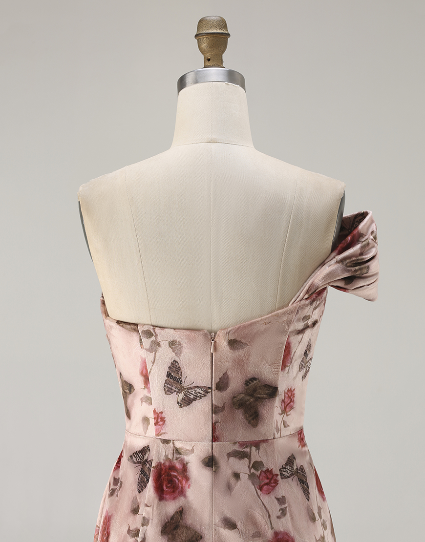 Blush Ruched Floral Mermaid Long Prom Dress with Slit