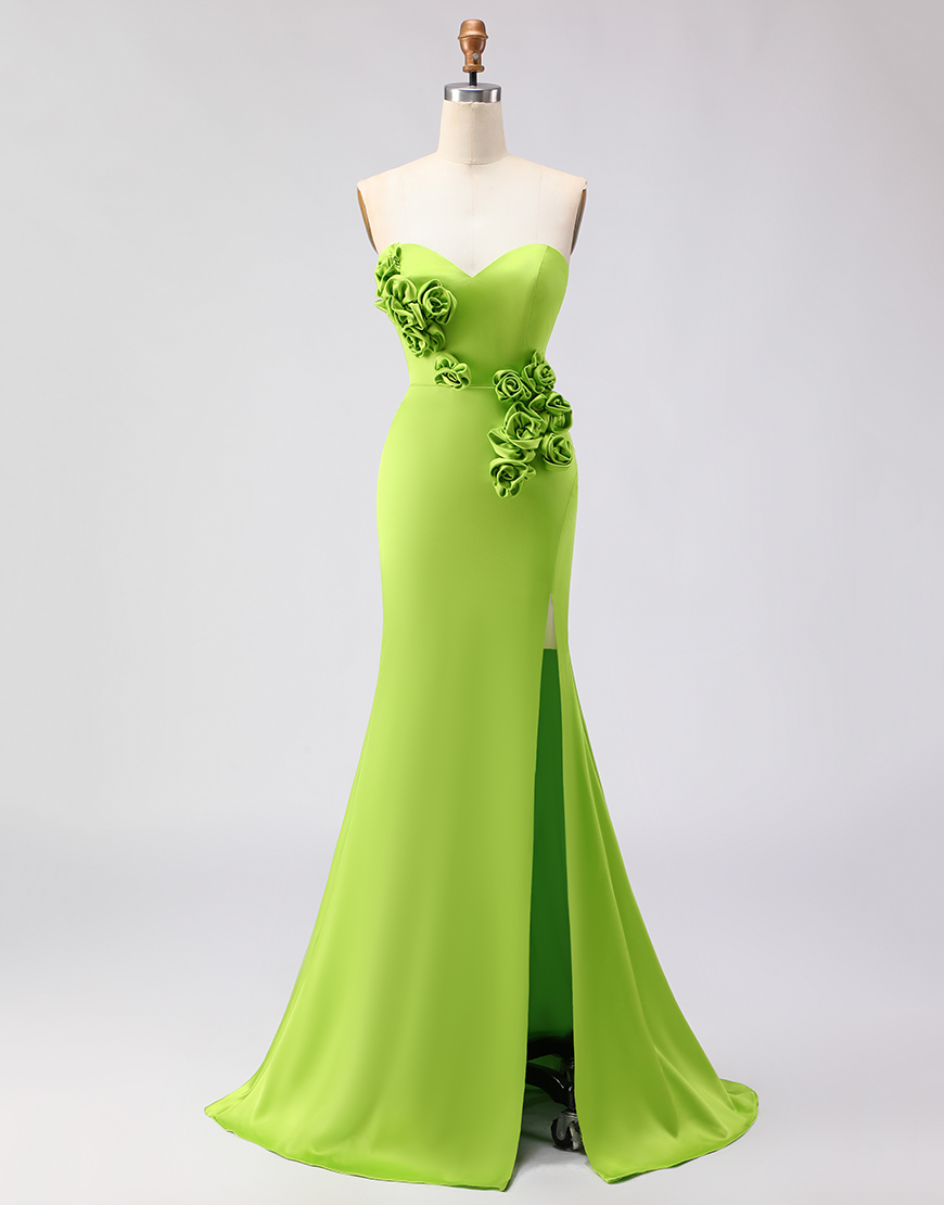 Gree Mermaid Satin Sweetheart Long Prom Dress with 3D Flowers