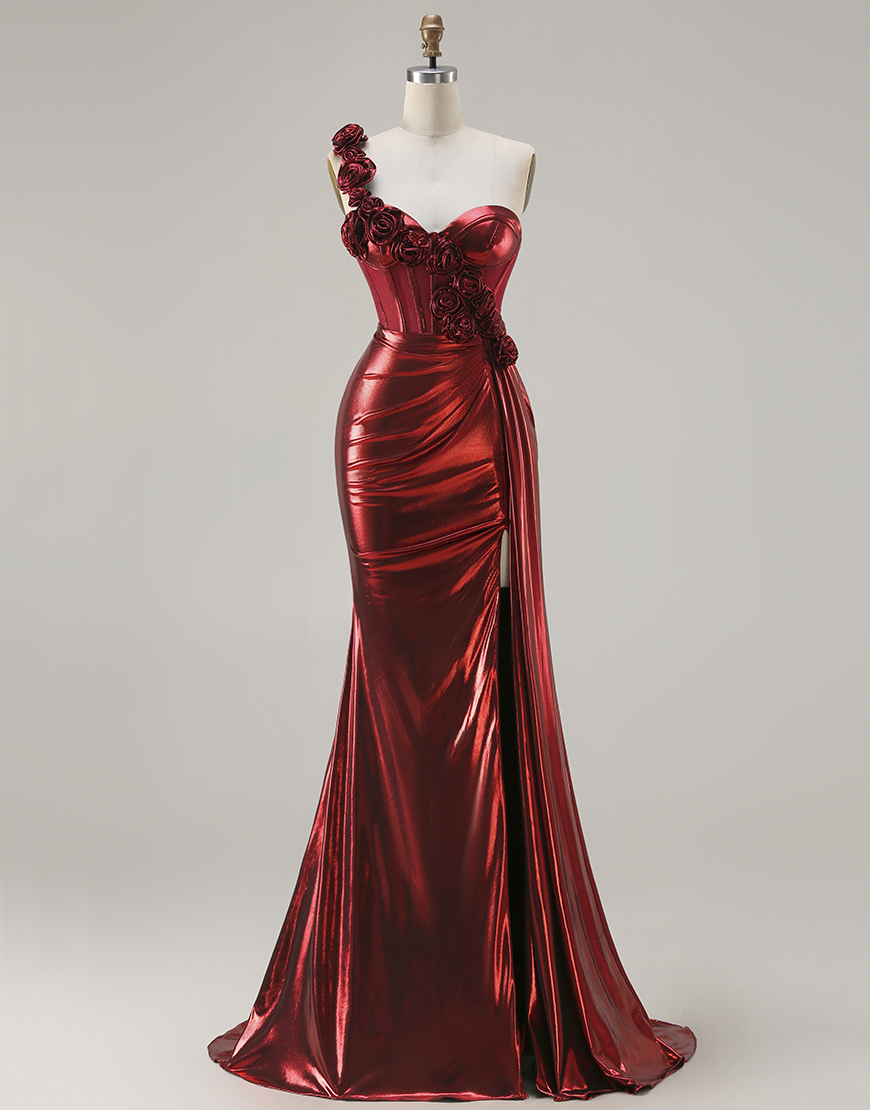 Sparkly Red Corset Metallic Ruched Long Prom Dress with 3D Flowers