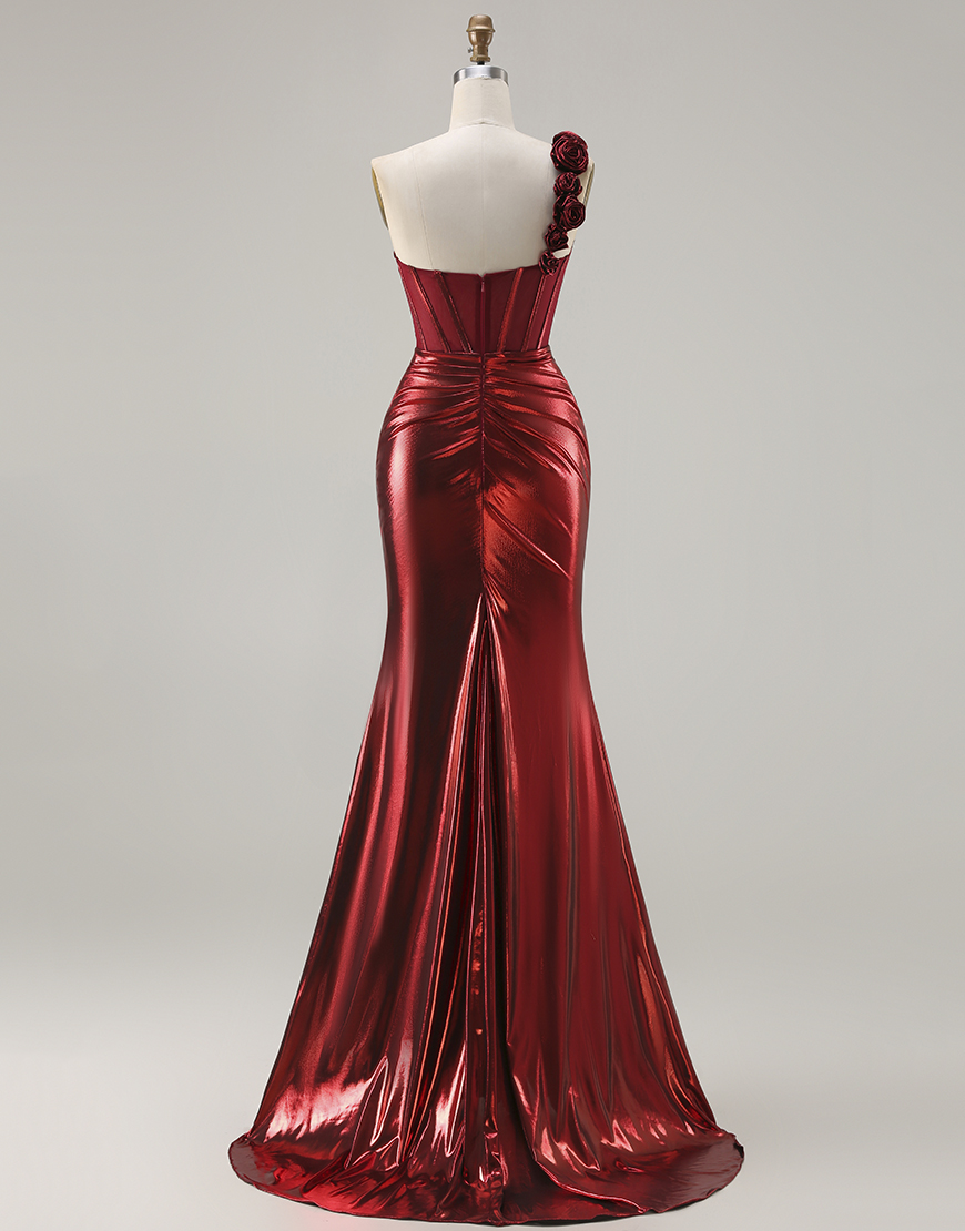 Sparkly Red Corset Metallic Ruched Long Prom Dress with 3D Flowers