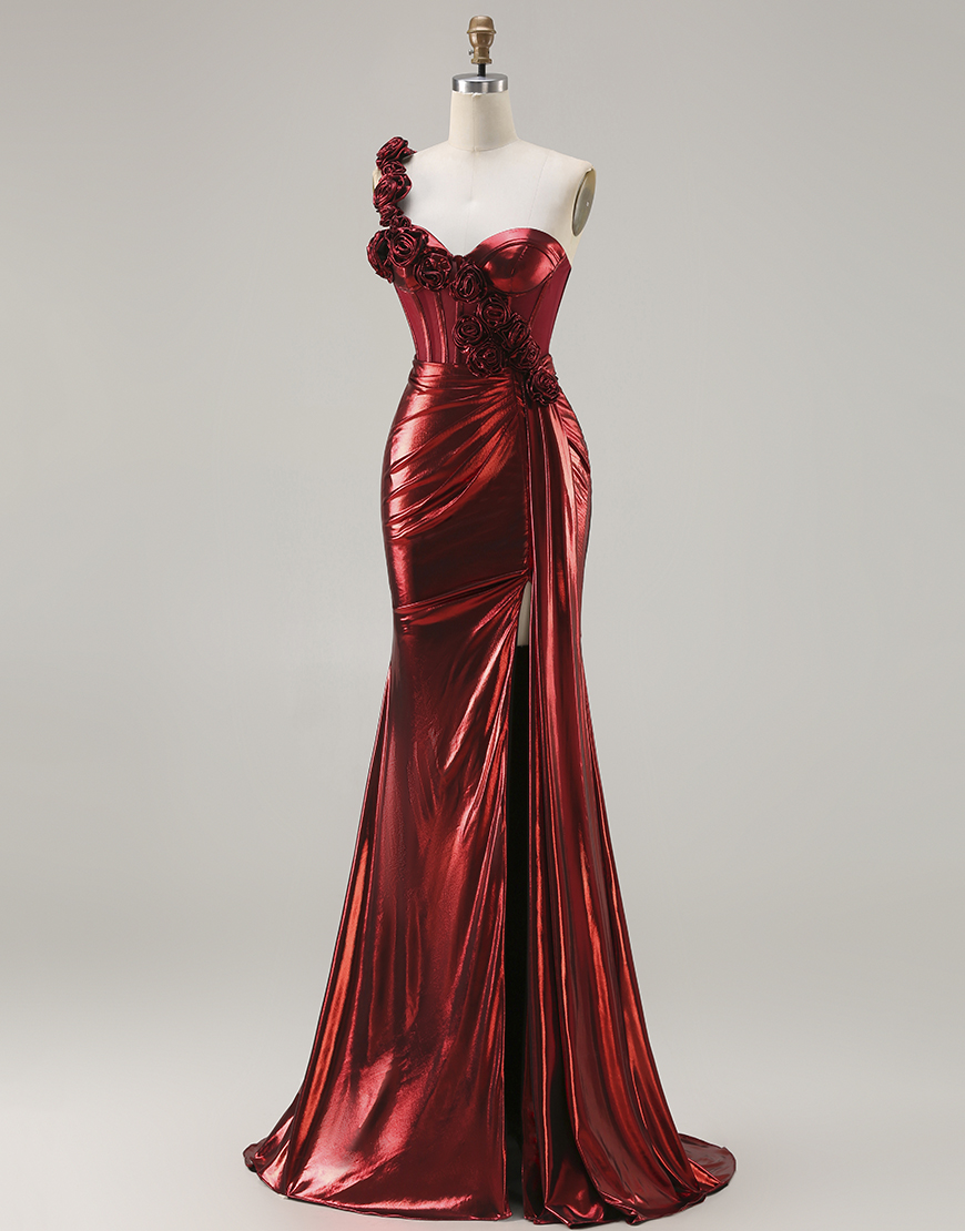 Sparkly Red Corset Metallic Ruched Long Prom Dress with 3D Flowers