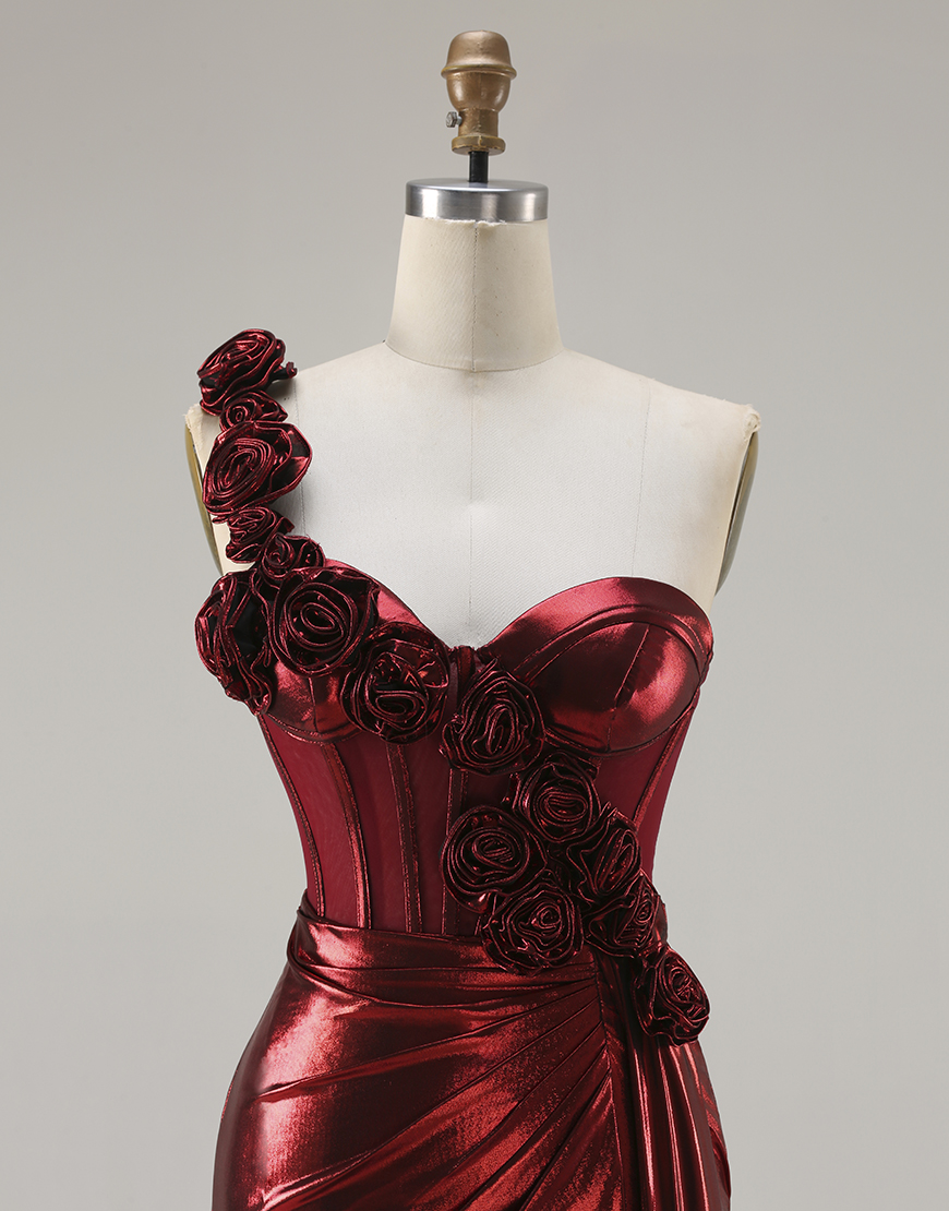 Sparkly Red Corset Metallic Ruched Long Prom Dress with 3D Flowers