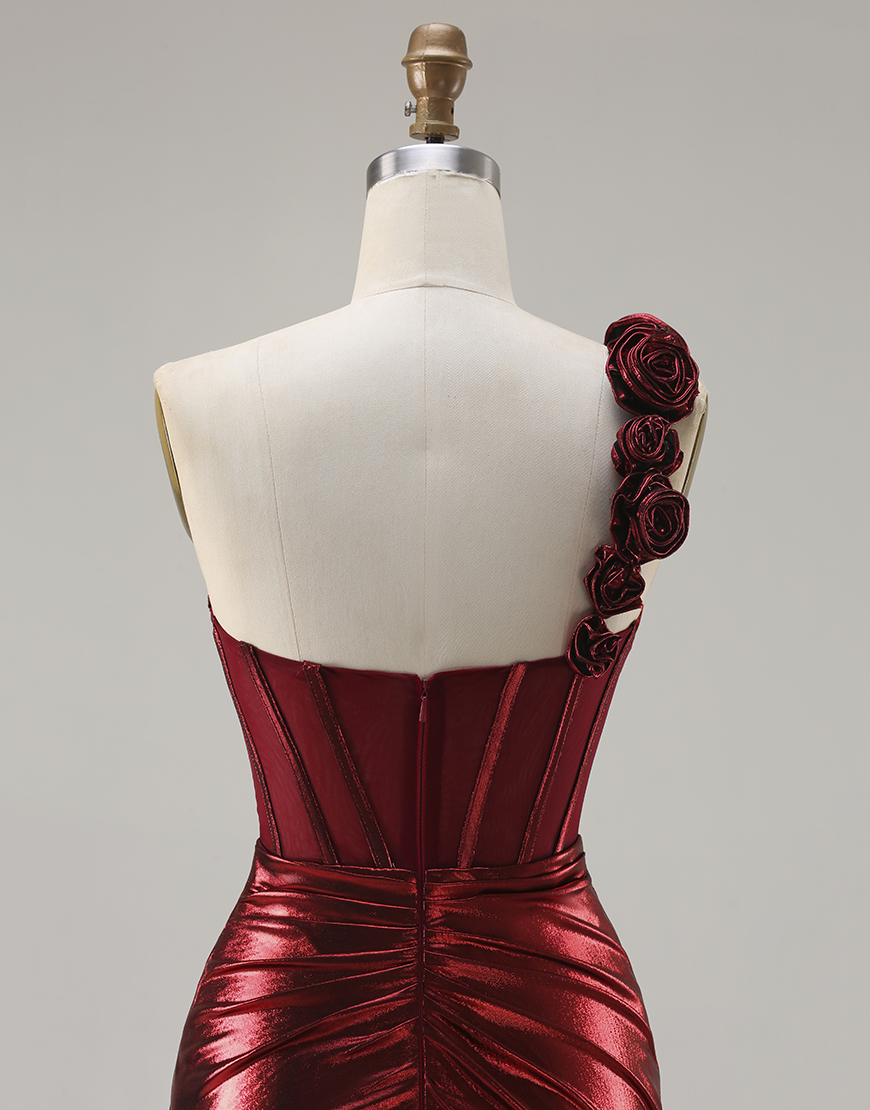 Sparkly Red Corset Metallic Ruched Long Prom Dress with 3D Flowers