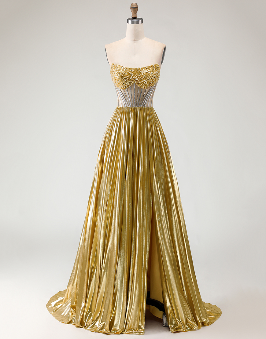 Sparkly Golden Beaded Metallic Corset A Line Long Prom Dress with Slit