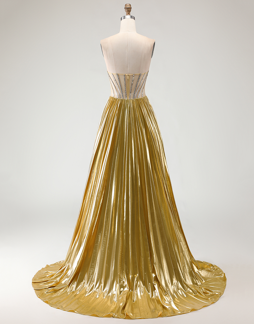 Sparkly Golden Beaded Metallic Corset A Line Long Prom Dress with Slit