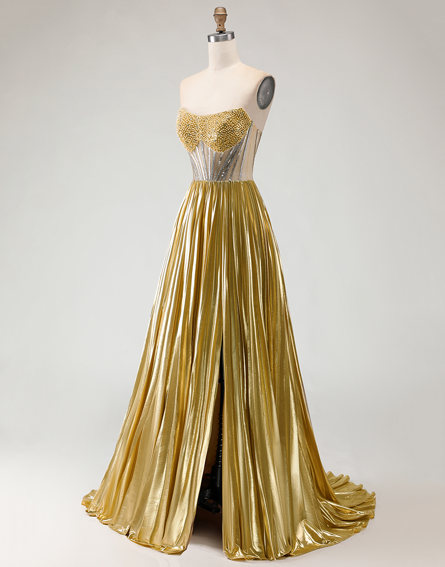 Sparkly Golden Beaded Metallic Corset A Line Long Prom Dress with Slit