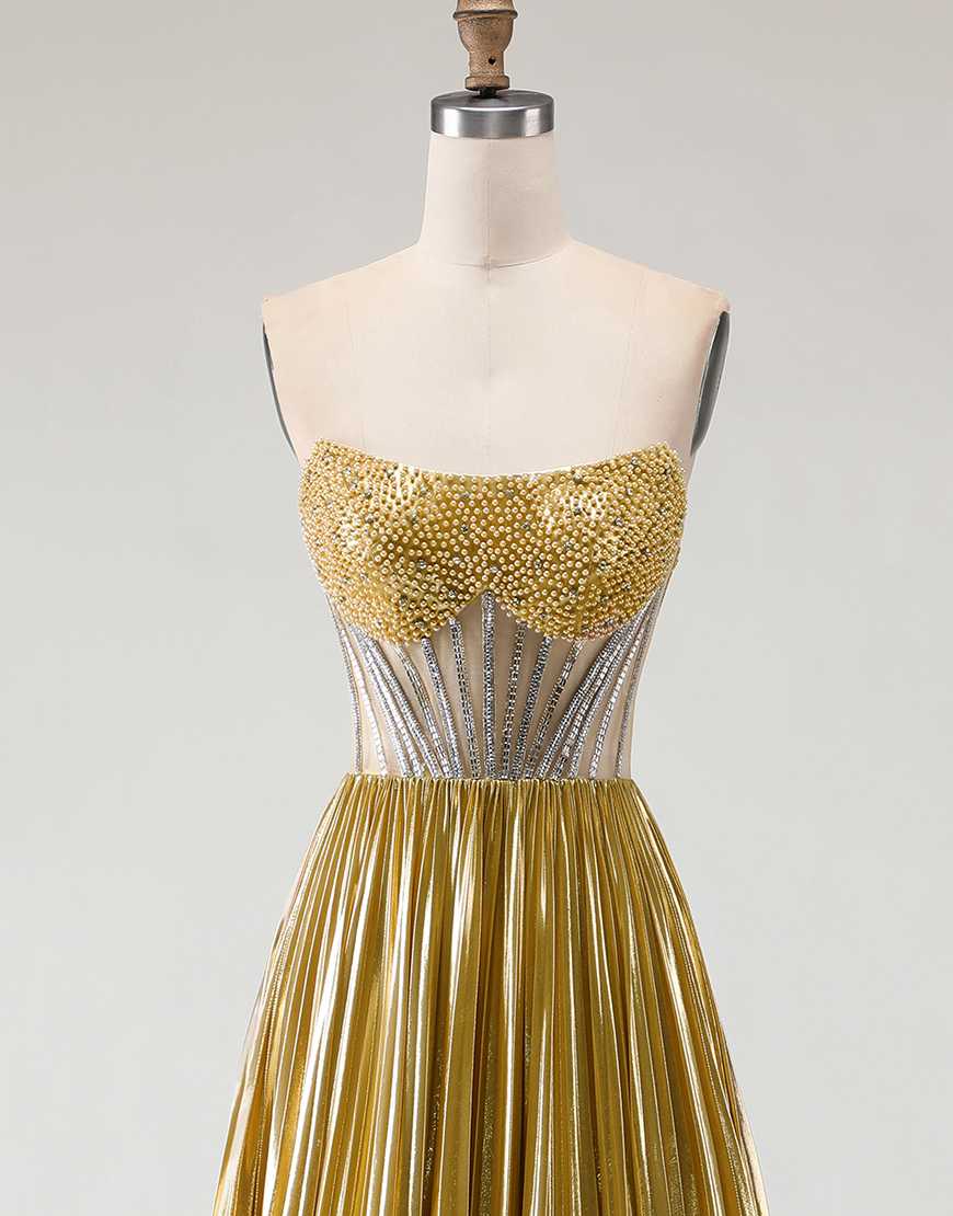 Sparkly Golden Beaded Metallic Corset A Line Long Prom Dress with Slit