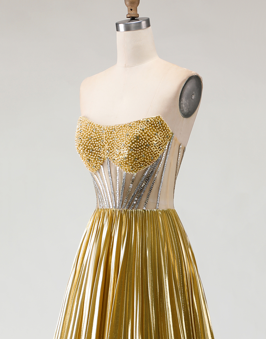 Sparkly Golden Beaded Metallic Corset A Line Long Prom Dress with Slit