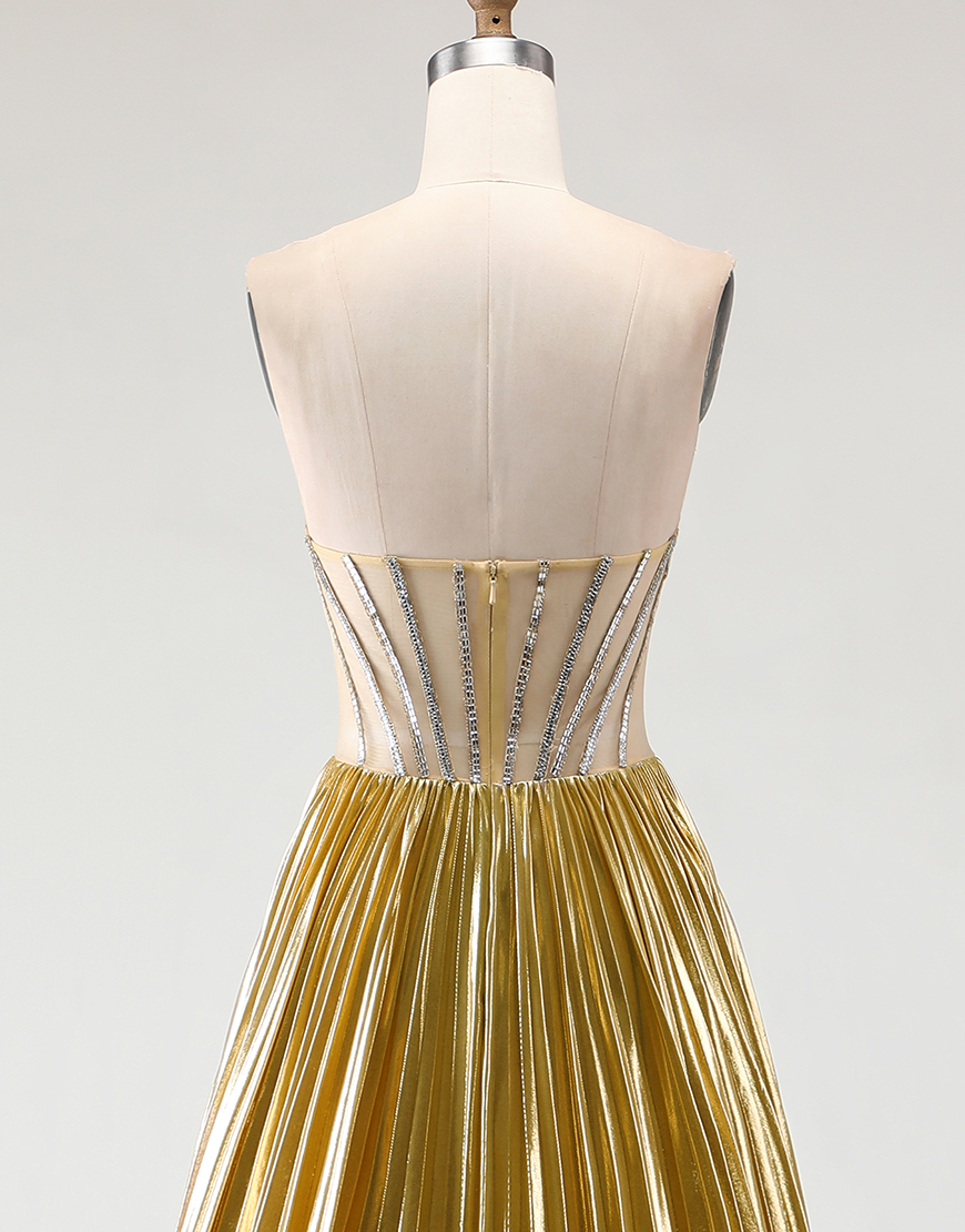 Sparkly Golden Beaded Metallic Corset A Line Long Prom Dress with Slit