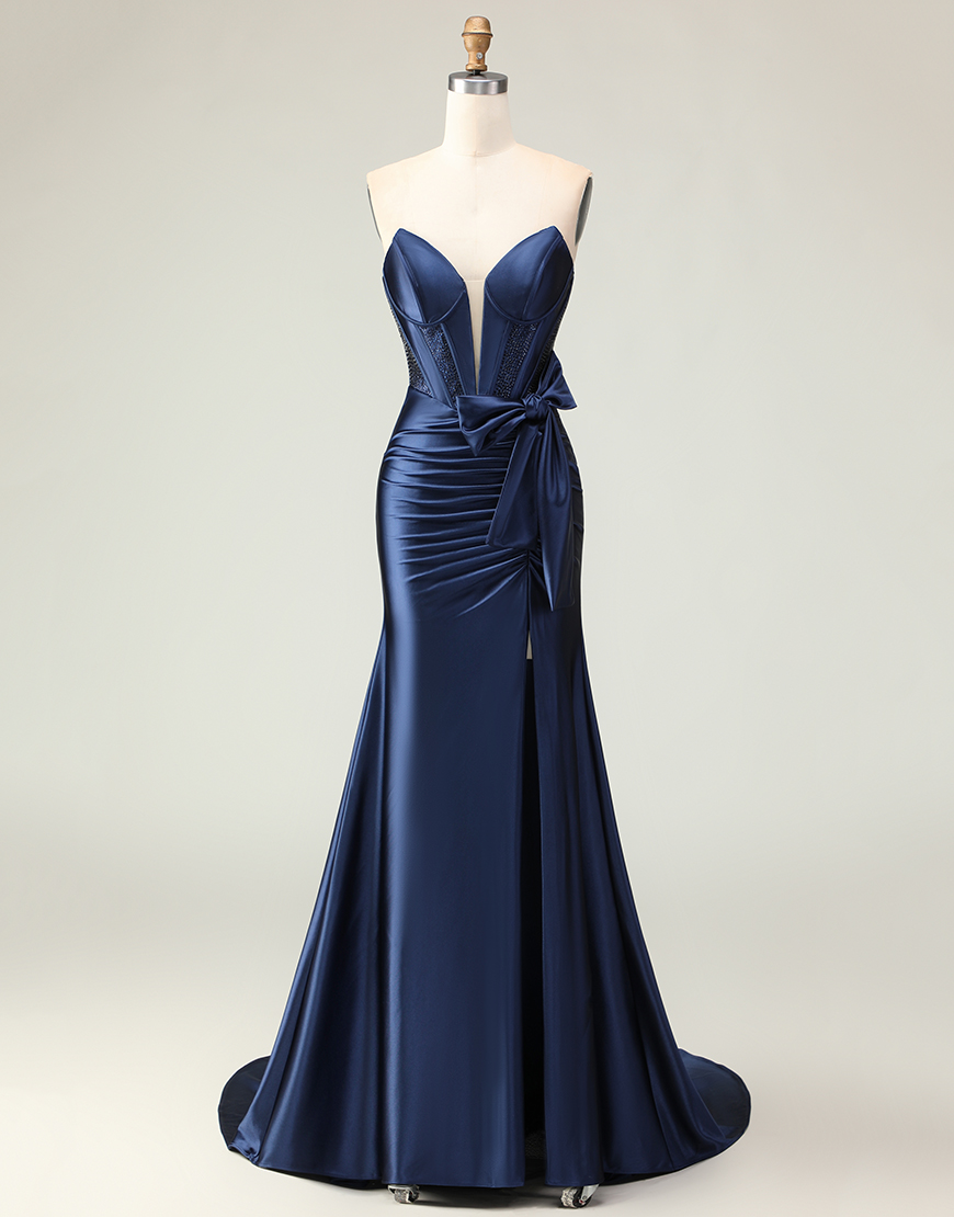 Navy Mermaid Corset Strapless Long Prom Dress with Slit