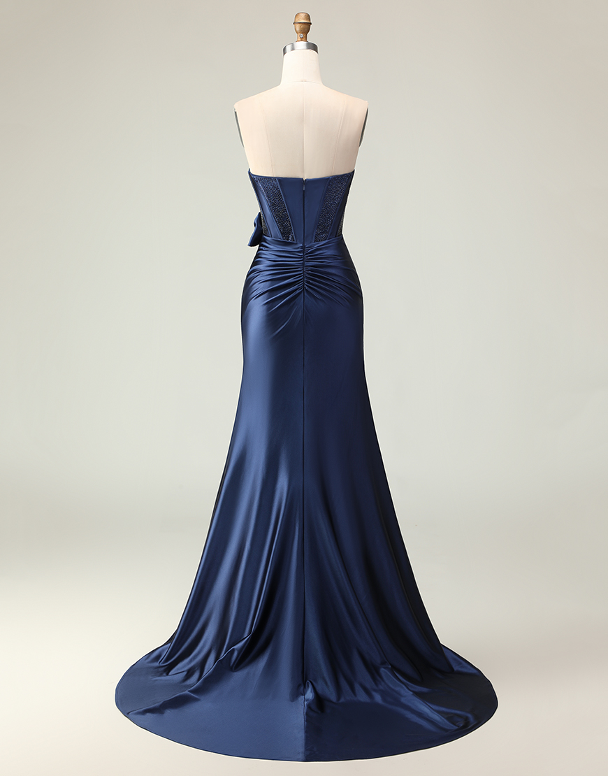 Navy Mermaid Corset Strapless Long Prom Dress with Slit