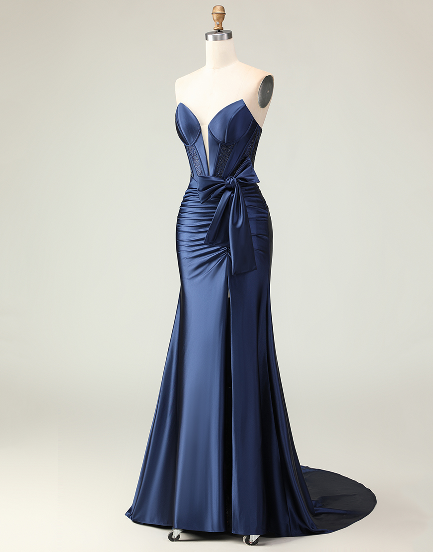 Navy Mermaid Corset Strapless Long Prom Dress with Slit