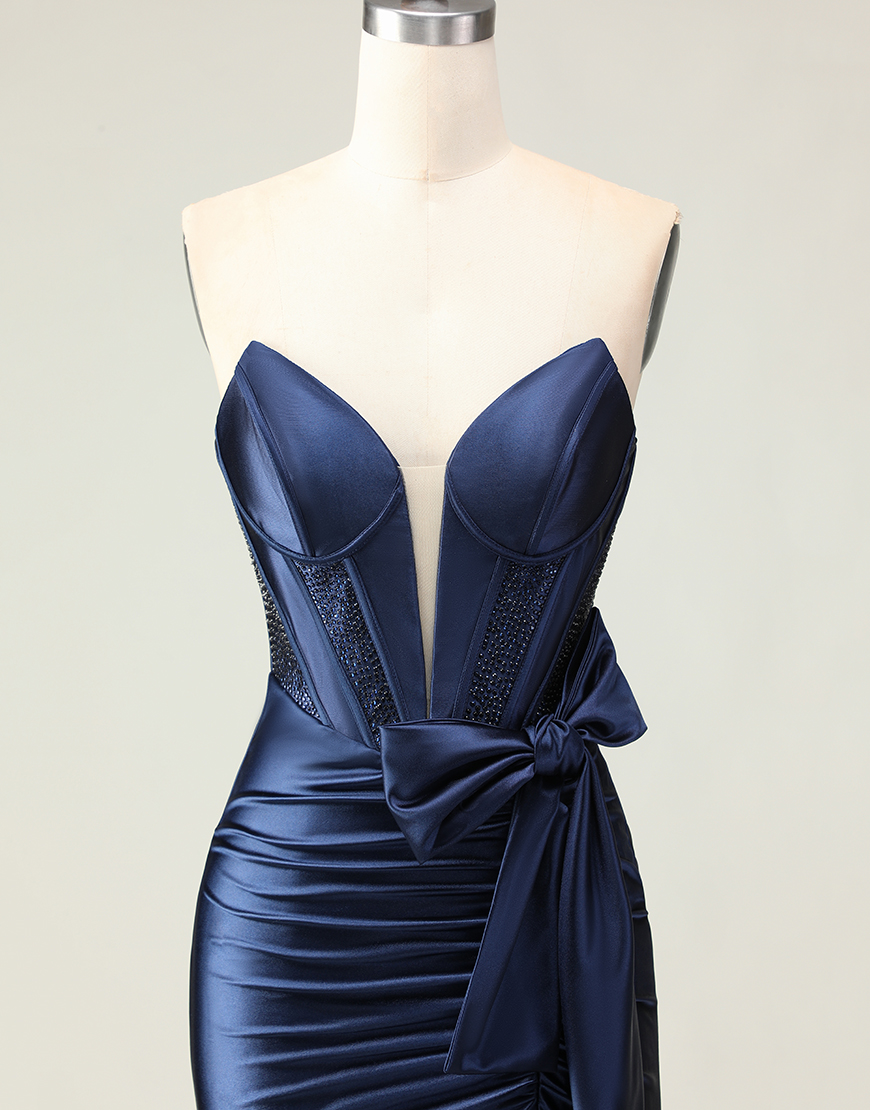 Navy Mermaid Corset Strapless Long Prom Dress with Slit