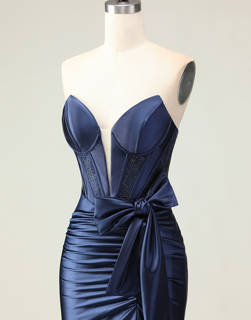 Navy Mermaid Corset Strapless Long Prom Dress with Slit