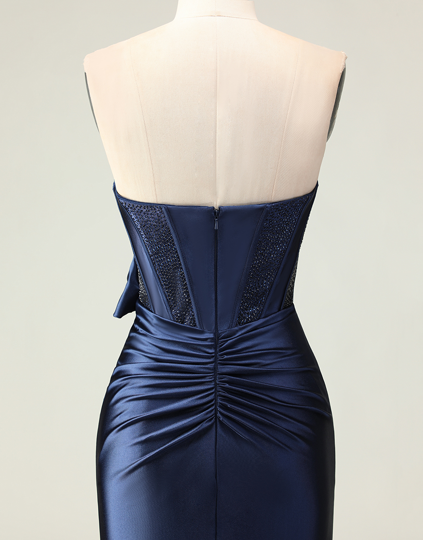 Navy Mermaid Corset Strapless Long Prom Dress with Slit