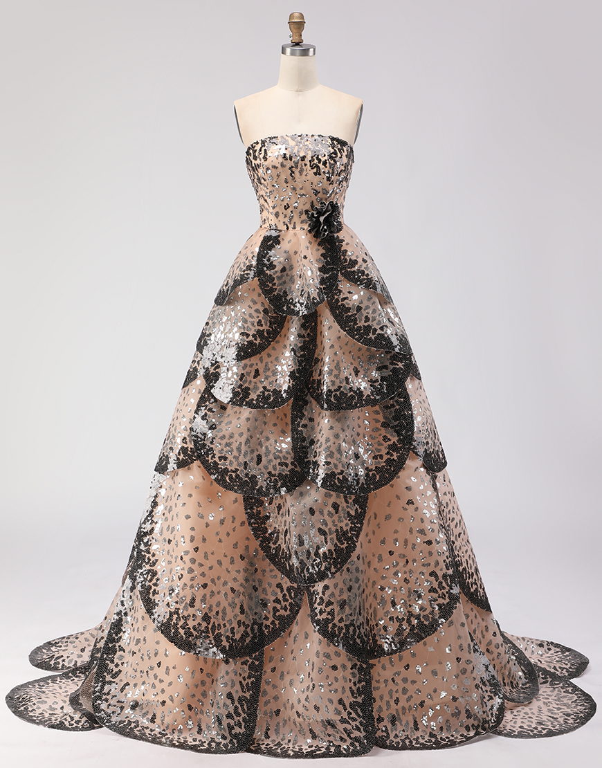 Sparkly Black and Apricot Strapless Long A-Line Prom Dress with Sequin