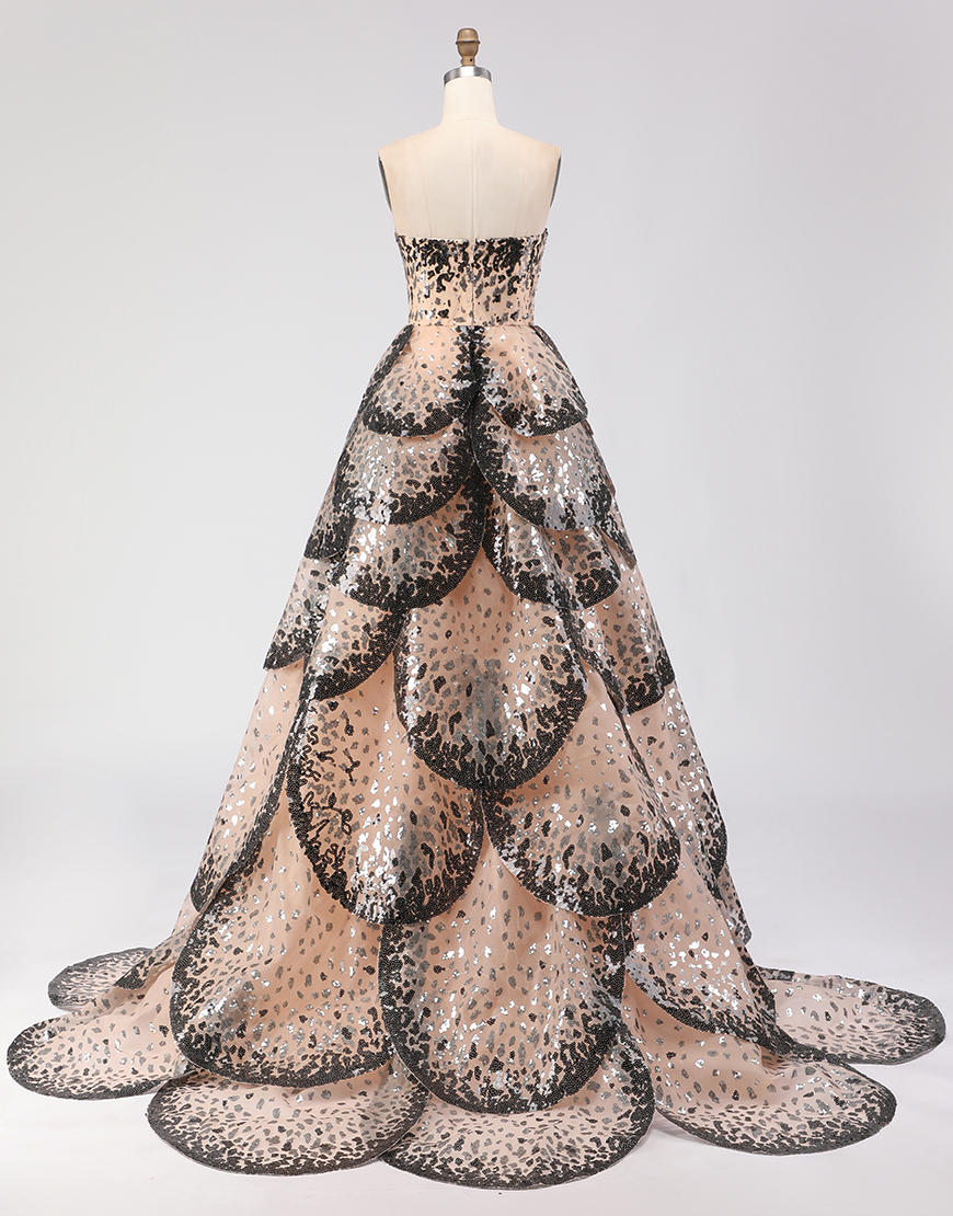 Sparkly Black and Apricot Strapless Long A-Line Prom Dress with Sequin