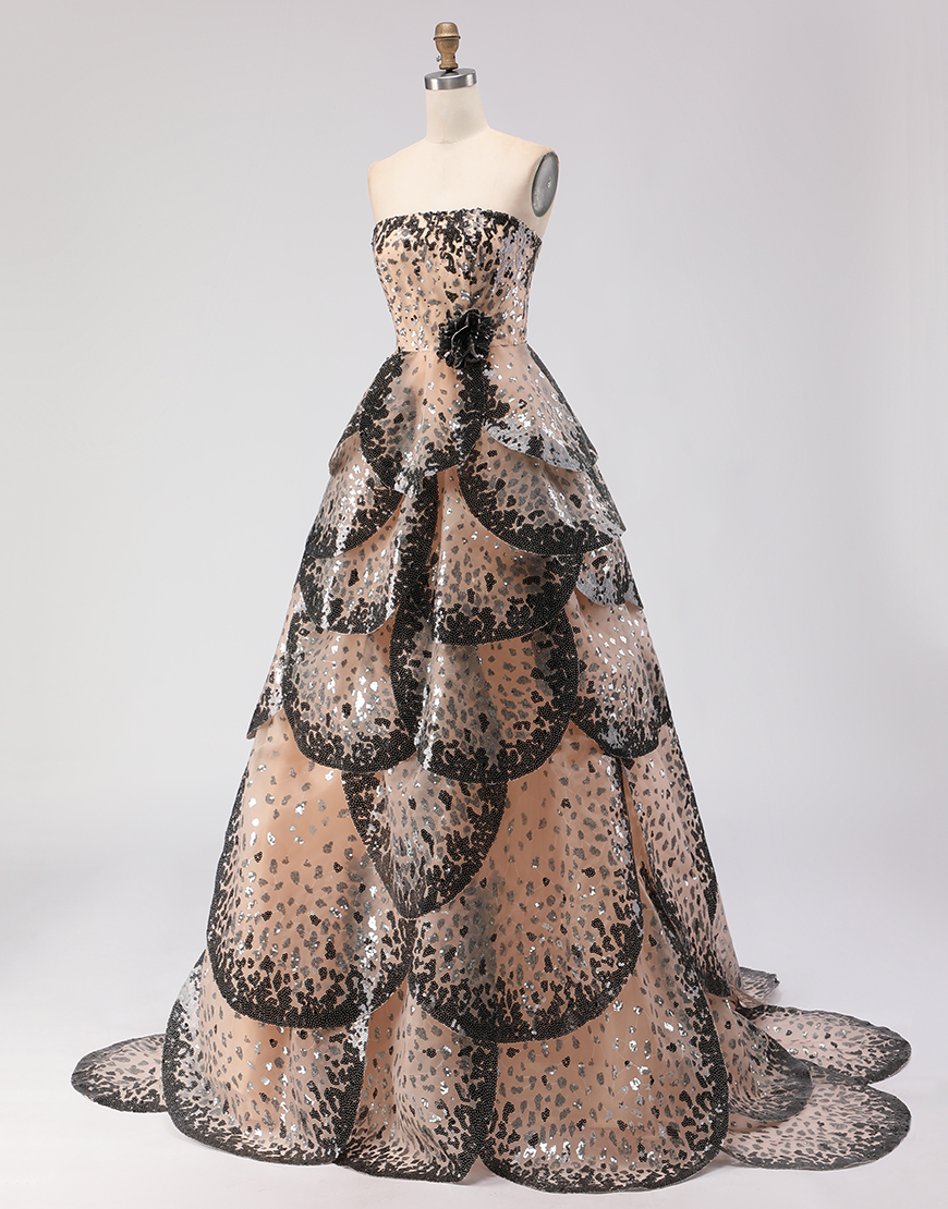 Sparkly Black and Apricot Strapless Long A-Line Prom Dress with Sequin