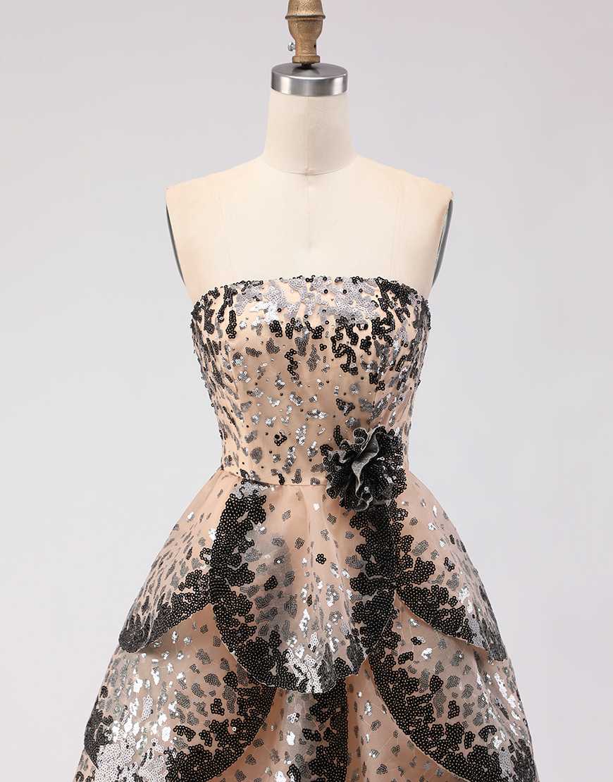 Sparkly Black and Apricot Strapless Long A-Line Prom Dress with Sequin