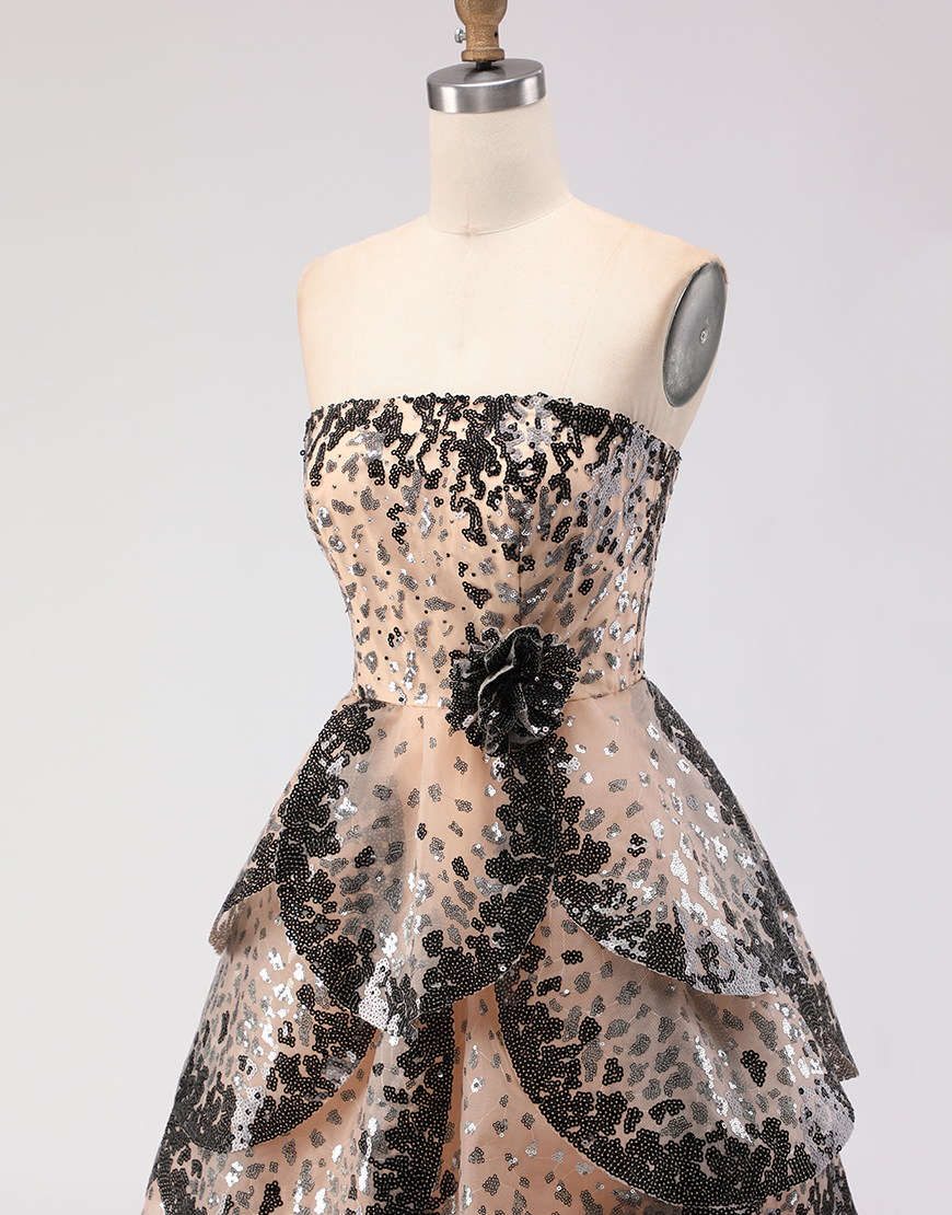Sparkly Black and Apricot Strapless Long A-Line Prom Dress with Sequin