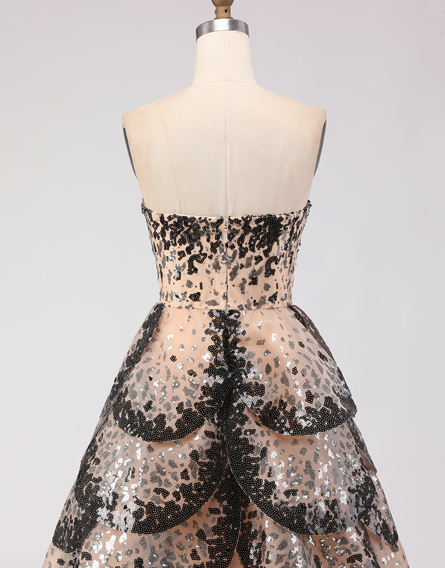 Sparkly Black and Apricot Strapless Long A-Line Prom Dress with Sequin
