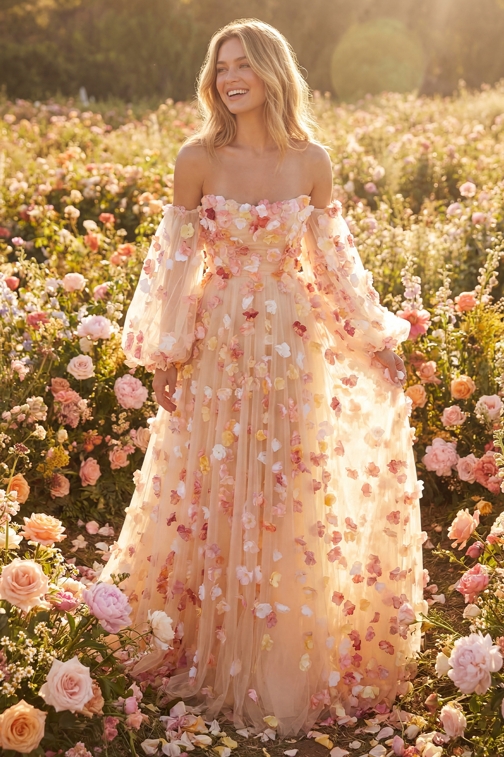 Champagne Floral Tulle Long A-Line Prom Dress with Detachable Sleeves