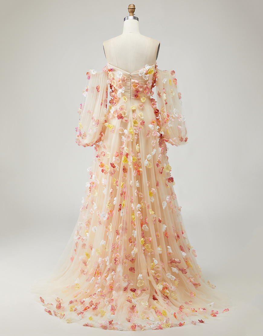 Champagne Floral Tulle Long A-Line Prom Dress with Detachable Sleeves