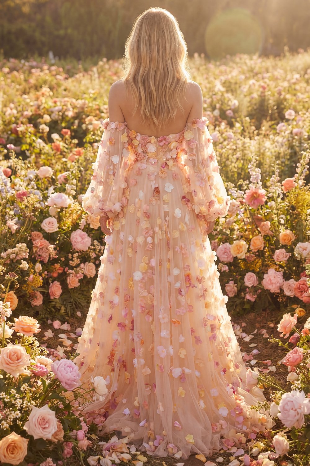 Champagne Floral Tulle Long A-Line Prom Dress with Detachable Sleeves